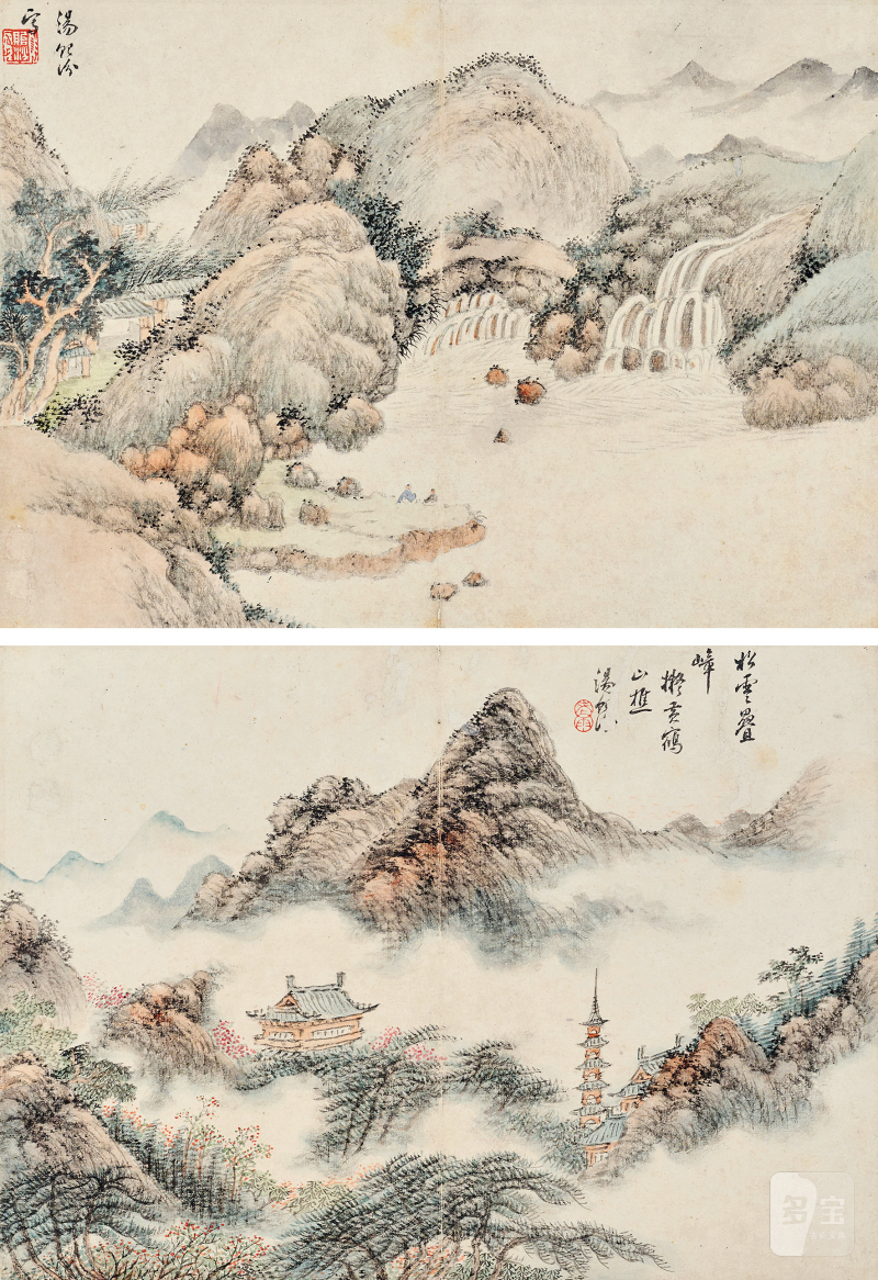 汤贻汾 山水册页（两开）